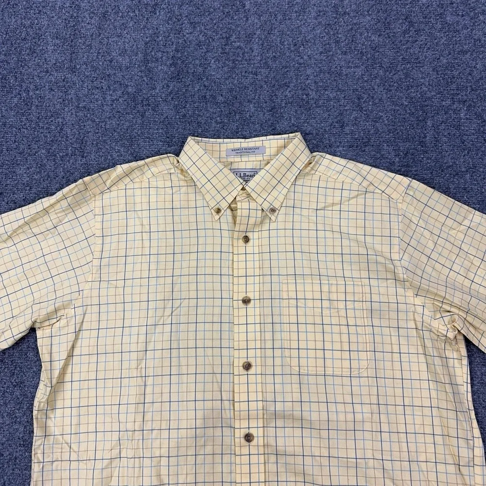 L.L. Bean Shirt Mens L Yellow Check Wrinkle Resistant Short Sleeve Button Down